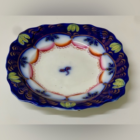 19th Century Gaudy Welsh Ironstone Banana Flow Blue Square Scalloped Plate - Picture 5 of 12